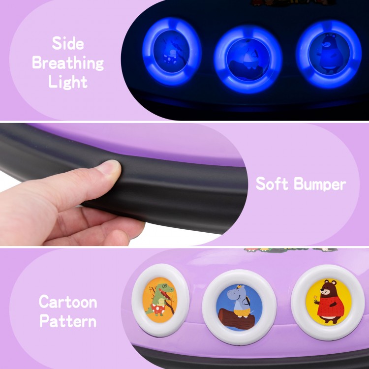Side view of the purple 12V electric ride-on car showcasing the soft bumper, cartoon pattern, and LED lights.